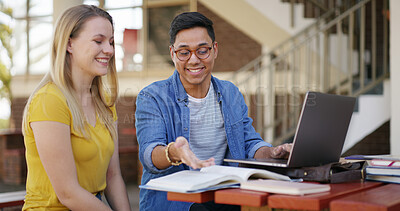 Buy stock photo Studying, students and people with books and laptop on campus for learning, education and exam prep. School, university and friends on computer with textbooks for assignment, course and knowledge