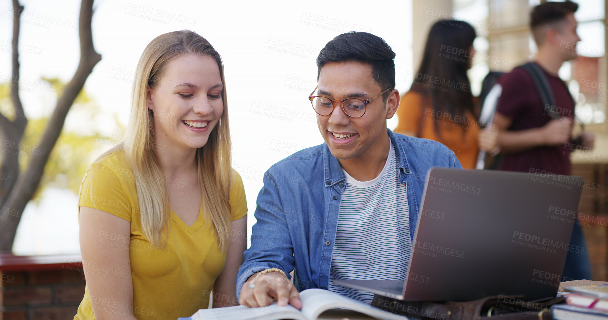 Buy stock photo Students, book and learning with laptop on campus for exam study, test preparation or education. College tutor, people or tech at university for coursework help, essay guidance or academic discussion