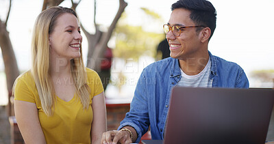 Buy stock photo Laptop, laugh and people at university with studying for test, assignment or exam together. Computer, education and students talking for assessment with research for learning at college campus.