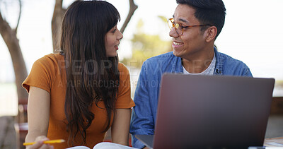 Buy stock photo Laptop, textbook and students at university with studying for test, assignment or exam together. Computer, education and people talking for assessment with research for learning at college campus.