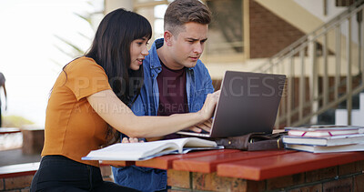 Buy stock photo Laptop, textbook and people at university with studying for test, assignment or exam together. Computer, education and students talking for assessment with research for learning at college campus.