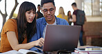 Laptop, books and people at university with studying for test, assignment or exam together. Computer, education and students talking for assessment with research for learning at college campus.