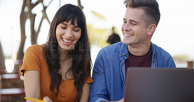 Buy stock photo Laptop, laugh and students at university with studying for test, assignment or exam together. Computer, education and people talking for assessment with research for learning at college campus.