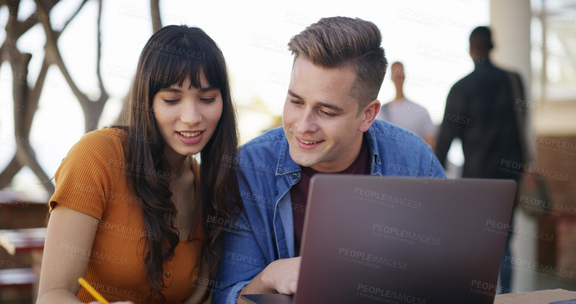 Buy stock photo Friends, university and students with laptop, cooperation and learning with academic assignment. Connection, man and woman with discussion, teamwork and computer with research for project and college