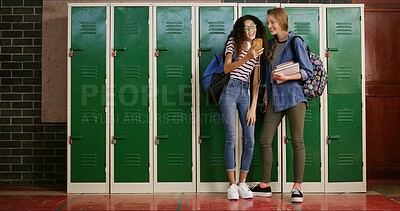 Buy stock photo School locker, girls and friends with smartphone, smile and funny meme with education, joke and app. Talking, laughing or students with cellphone, social media and happiness with message and texting
