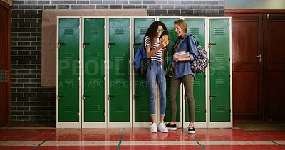 Buy stock photo School, girls and students with cellphone, smile and funny meme with education, internet and app. Locker, connection and friends with smartphone, social media and teenager with message to contact