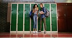 High school, phone and friends laugh in hallway for education, funny meme and scholarship. Mobile, students and teen girls learning with app for joke, game or check test results for assessment online