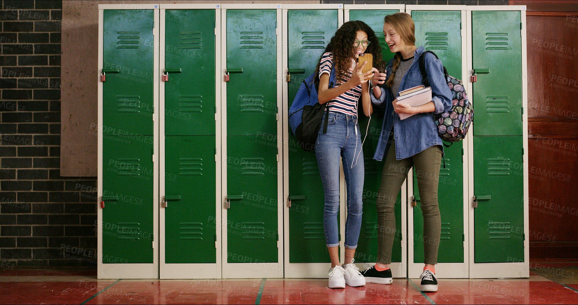 Buy stock photo High school, girls and students with smartphone, excited or funny meme with education, shocked or app. Talking, people or friends with cellphone, social media or surprise with teenager by locker