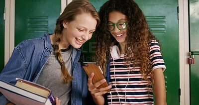 Buy stock photo High school, phone and friends laugh for education, funny meme or scholarship on internet. Mobile, students and teen girls learning with app for joke, game or check test results for assessment online