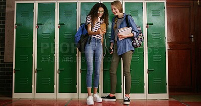 Buy stock photo High school, friends and students with cellphone, smile and funny meme with education, locker and joke. Below, people and girls with smartphone, social media and happiness with message to contact