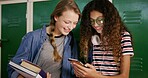 Smile, friends and locker with phone at high school for education, gossip news and funny message. Happy, girl and students with mobile for learning, meme website and check test results for assessment