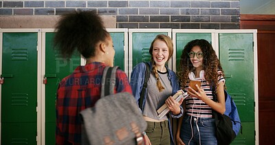 Buy stock photo High school, group and friends talk in hallway for education, funny meme and scholarship. Phone, students and teen girls learning with app for joke, game or laugh with chat for curriculum online