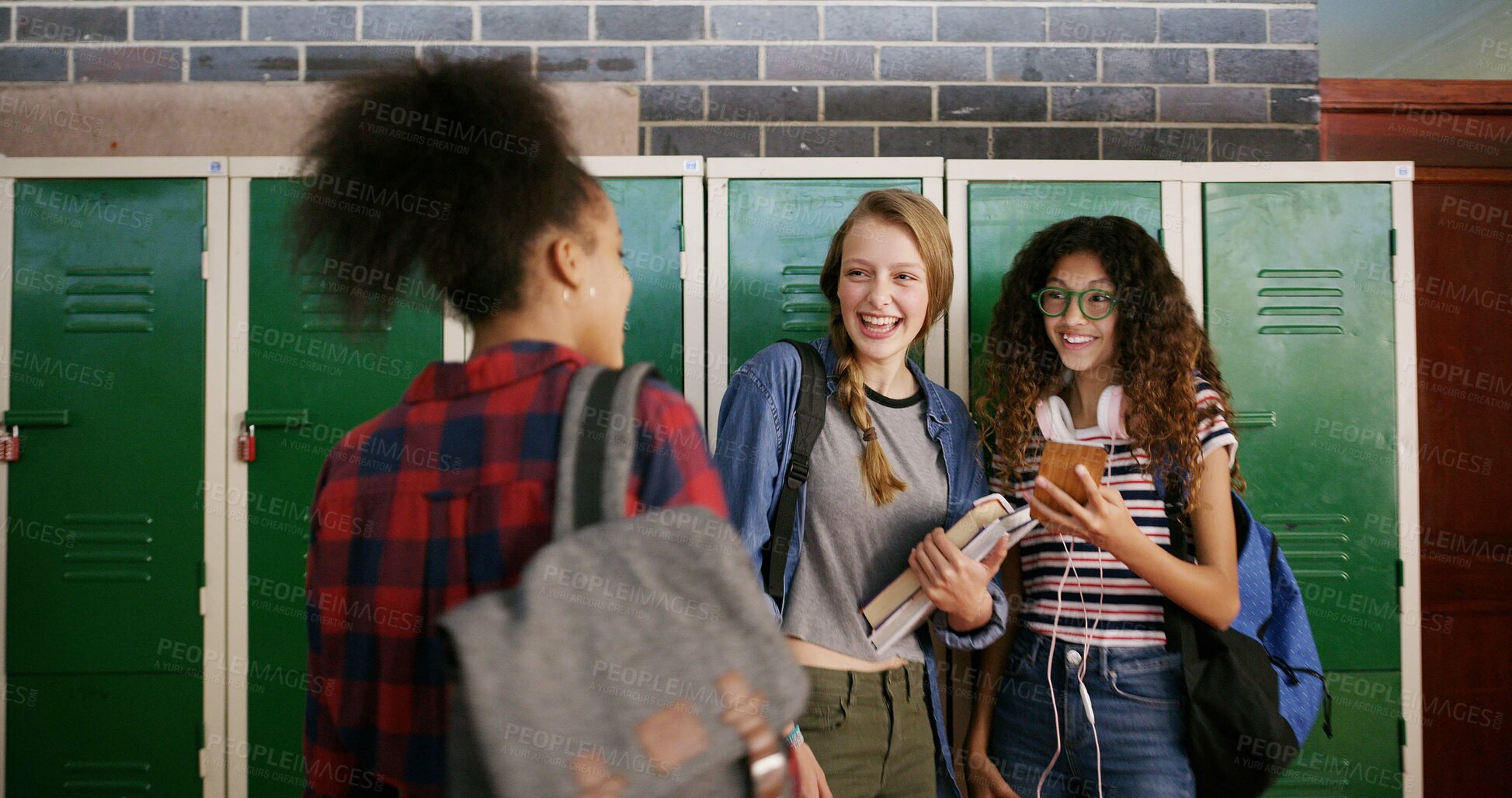 Buy stock photo High school, group and friends talk in hallway for education, funny meme and scholarship. Phone, students and teen girls learning with app for joke, game or laugh with chat for curriculum online