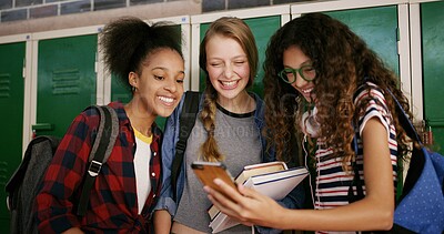 Buy stock photo Students, phone and happy friends in high school for education, course and scholarship. Mobile, group and teen girls learning with app for story, info or check test results for assessment online