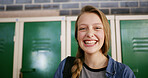 Happy, education and portrait of girl teenager at high school with confidence for learning. Smile, pride and face of female person with backpack for development or growth in hallway at campus.