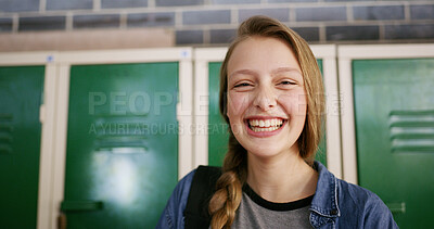 Buy stock photo Happy, education and portrait of girl teenager at high school with confidence for learning. Smile, pride and face of female person with development, scholarship or growth in hallway at campus.