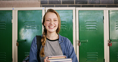 Buy stock photo Books, happy and portrait of girl in high school for education, scholarship and gcse classes. Gen z student, yearbook and project study with teenager in hallway of campus for textbook assessment 
