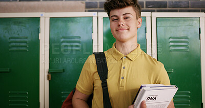 Buy stock photo Portrait, books and student by locker for education, high school and learning at academy. Textbook, scholar or pupil with male teen on campus, academic scholarship or smile with backpack to study