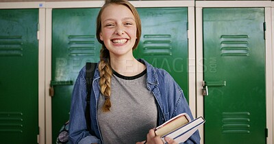 Buy stock photo Books, student and portrait of girl in high school for education, scholarship and gcse classes. Learning, yearbook and project study with teenager in hallway of campus for textbook assessment 