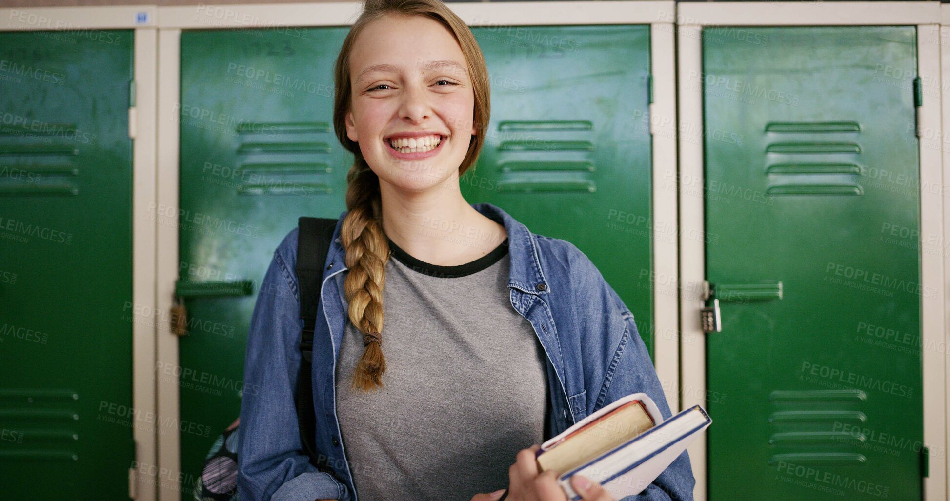 Buy stock photo Books, student and portrait of girl in high school for education, scholarship and gcse classes. Learning, yearbook and project study with teenager in hallway of campus for textbook assessment 