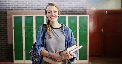 Buy stock photo Books, smile and portrait of girl in high school for education, scholarship and gcse classes. Gen z student, yearbook and project study with teenager in hallway of campus for textbook assessment 