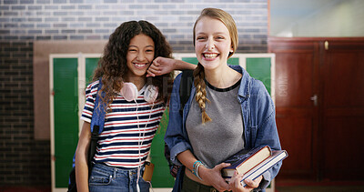 Buy stock photo High school students, friends or happy with portrait for education, learning support or scholarship. Teenager, girls and smile with textbooks in hallway for study break, development and class recess