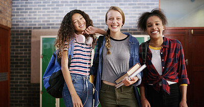 Buy stock photo High school friends, girls and happy with portrait for education, learning break and scholarship. Teenager, students and confidence with textbooks in hallway for study group, development or knowledge