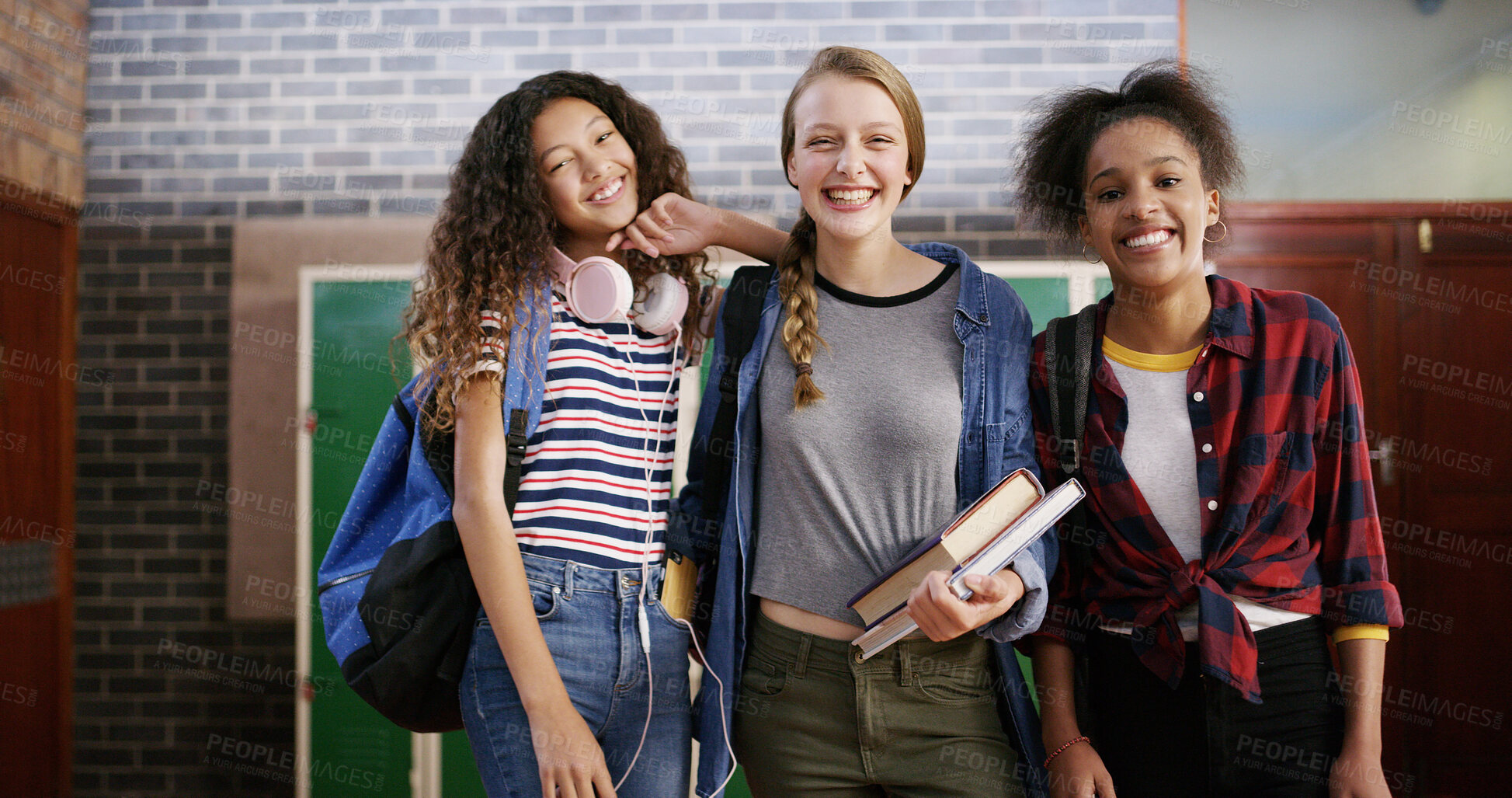 Buy stock photo High school friends, girls and happy with portrait for education, learning break and scholarship. Teenager, students and confidence with textbooks in hallway for study group, development or knowledge