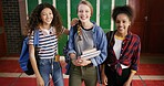 High school students, girls and happy with portrait for education, learning break and scholarship. Teenager, friends and smile with textbooks in hallway for study group, development and class recess