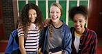 High school students, girls and happy in hallway for education, learning break or scholarship. Teenager portrait, friends and smile with textbooks for study group, academic confidence or class recess