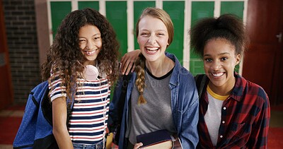 Buy stock photo High school students, girls and happy in hallway for education, learning break or scholarship. Teenager portrait, friends and smile with textbooks for study group, academic confidence or class recess