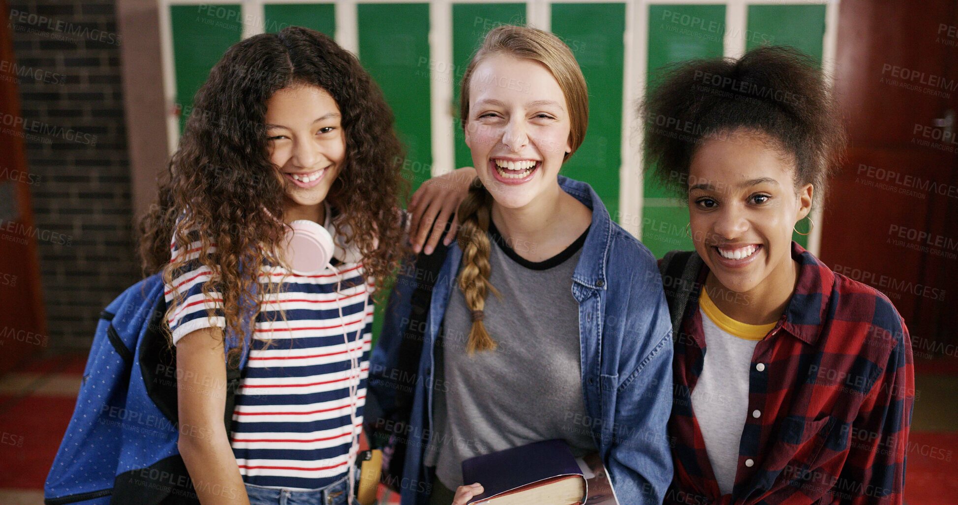 Buy stock photo High school students, girls and happy in hallway for education, learning break or scholarship. Teenager portrait, friends and smile with textbooks for study group, academic confidence or class recess