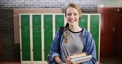 Buy stock photo Books, education and portrait of girl in high school for learning, scholarship and GCSE classes. Student, yearbook and project study with teenager in hallway of campus for textbook assessment