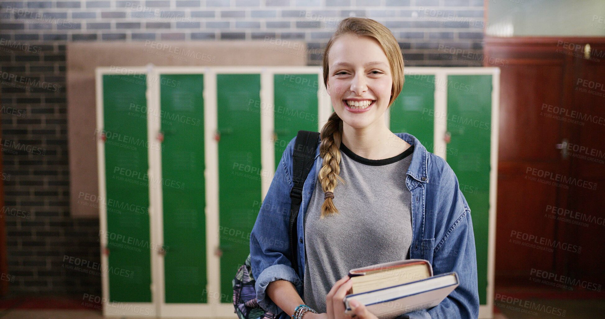 Buy stock photo Books, education and portrait of girl in high school for learning, scholarship and GCSE classes. Student, yearbook and project study with teenager in hallway of campus for textbook assessment