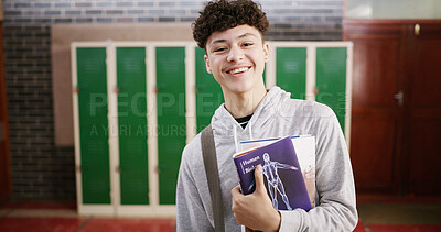 Buy stock photo Portrait, books and student for learning, high school and education at academy. Textbook, scholar or pupil by locker with male teen on campus, academic scholarship or happy with smile for study