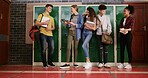 Students, teenagers and friends at high school for story, gossip or learning at recess. Education, happy people or group in conversation on break by lockers for study tips, chat or listen at campus