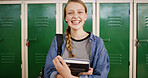 Education, smile and portrait of girl in high school for books, scholarship and gcse classes. Gen z student, yearbook and project study with teenager in hallway of campus for textbook assessment 