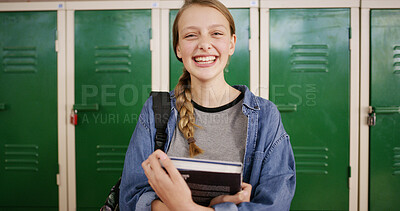 Buy stock photo Education, smile and portrait of girl in high school for books, scholarship and GCSE classes. Gen z student, yearbook and project study with teenager in hallway of campus for textbook assessment