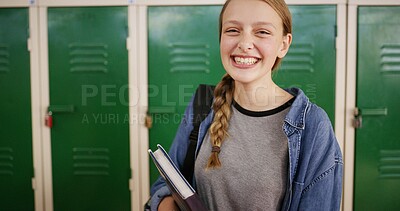 Buy stock photo Books, smile and portrait of teenager in high school for education, scholarship and gcse classes. Gen z student, yearbook and project study with girl in hallway of campus for textbook assessment 