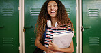 Portrait, laughing and student girl by locker for education, book and funny high school for learning. Textbook, scholar or pupil with teen person on campus, academic comedy or happy with headphones 