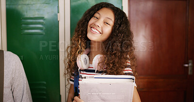 Buy stock photo Student, girl and portrait with book in high school for learning, education and ready for class. Scholarship, teenager and smile in hallway for knowledge, academic development and study opportunity