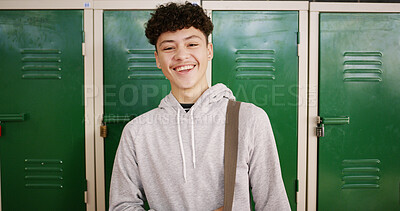 Buy stock photo Happy, learning and portrait of boy teenager at high school with confidence for education. Smile, pride and face of male person with backpack for development or growth in hallway at campus or academy