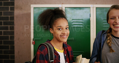 Buy stock photo Happy, education and portrait of girl teenagers at high school with confidence for learning. Smile, pride and face of female people with backpack for development or growth in hallway at campus.