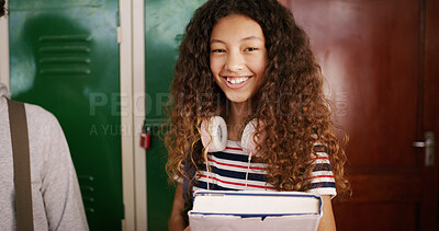 Buy stock photo Student, child and portrait with book in high school for learning break, education and knowledge. Scholarship, teenager and happy in hallway for class recess, academic development or study confidence