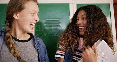 Buy stock photo Laughing, students and talking with friends in high school for education, project assignment or study team. Joke, learning and exam planning with teenager or girl in hallway for conversation and chat