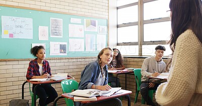 Buy stock photo High school, lesson and teacher with students in classroom for curriculum, education and learning. Academy, teaching and woman with teenagers for discussion, writing notes and listening for knowledge