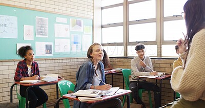Buy stock photo High school, girl and teacher with students in lesson for learning support, education or tips. Teenager, attention and woman teaching in classroom for test preparation, guidance and curriculum advice