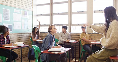 Buy stock photo High school, question and teacher with students in classroom for curriculum, education and learning. Academy, teaching and woman with teenagers for discussion, answer and listening for assessment
