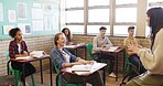 High school, teacher or happy with students in lesson for learning, study methods or attention. Teenage group, people and tutor with discussion in classroom for education, exam support and teaching