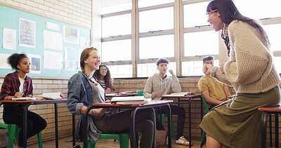 Buy stock photo High school, teacher or laughing with students in lesson for fun learning, study methods or teaching. Teenager, happy group and woman in classroom with education, exam preparation or academic support
